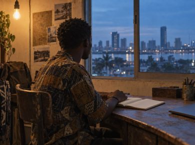 Documentary photograph of a young entrepreneur in a small Abidjan workshop office at dusk