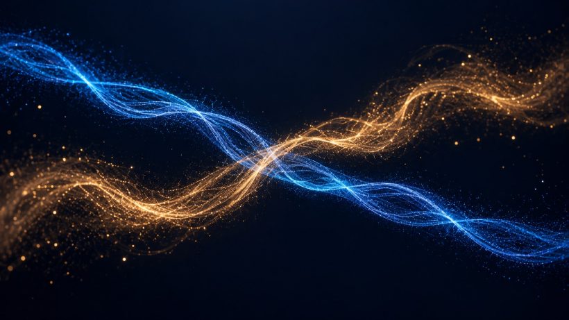 Abstract image of two parallel luminous particle streams interlocking without merging