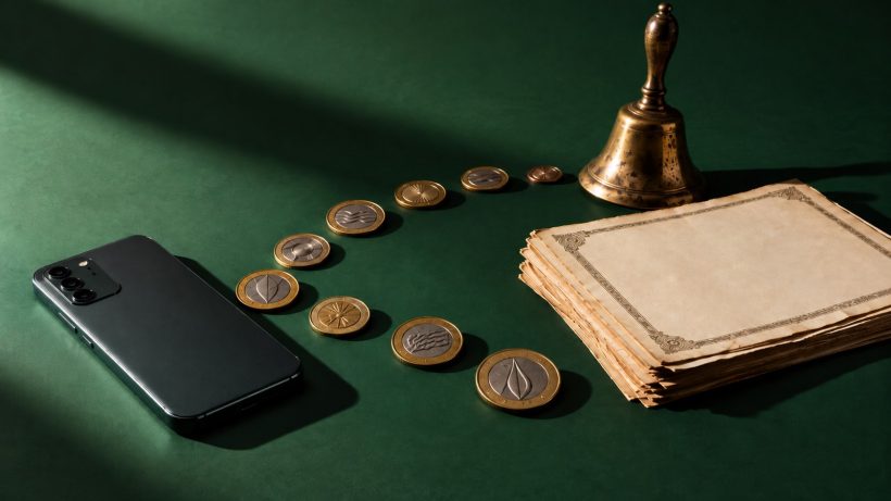 Conceptual still life of a smartphone, a brass bell and share certificates representing mobile trading
