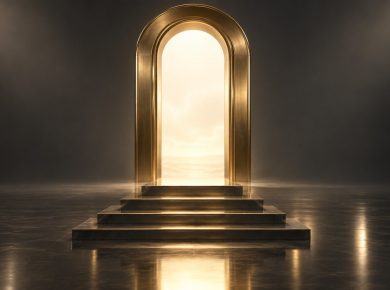 3D render of a brass threshold gateway with a stepped platform stopping one step short