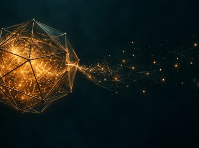 Abstract image of trapped amber light particles escaping through one narrow opening