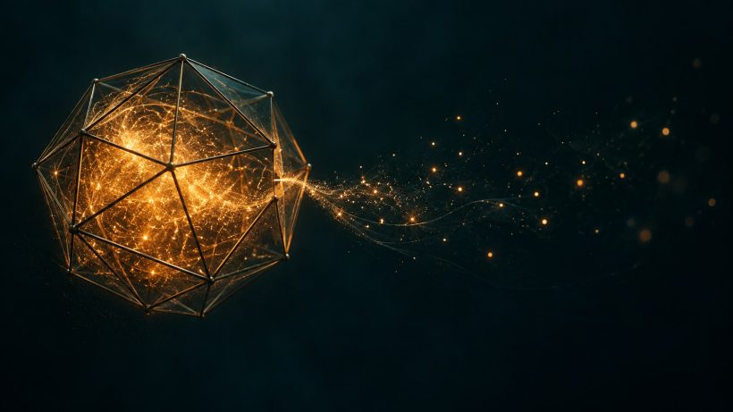 Abstract image of trapped amber light particles escaping through one narrow opening