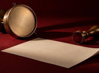 Conceptual still life of a blank clock face and an unused wax seal on oxblood backdrop
