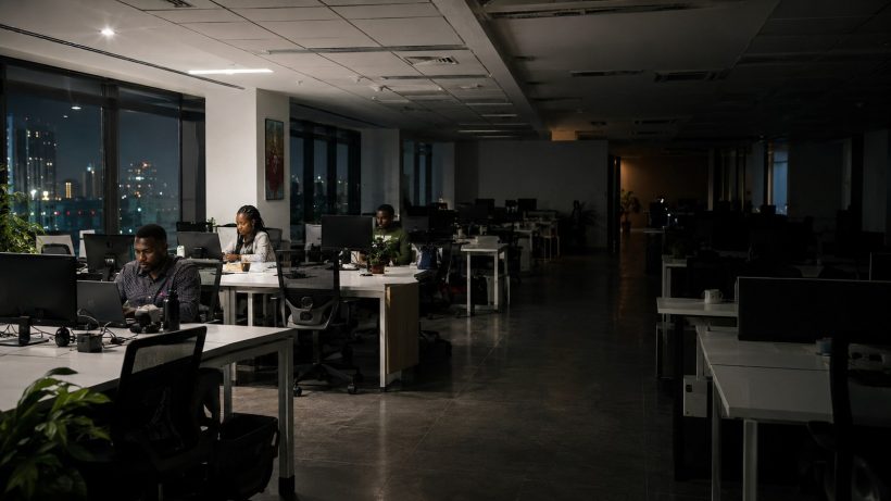 Documentary photograph of a Lagos fintech office at night with most desks empty